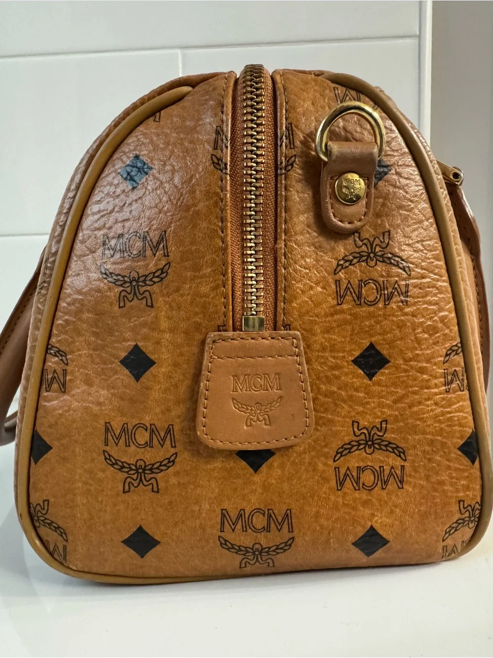 MCM Cognac Visetos Barrel Satchel with Gold Hardware